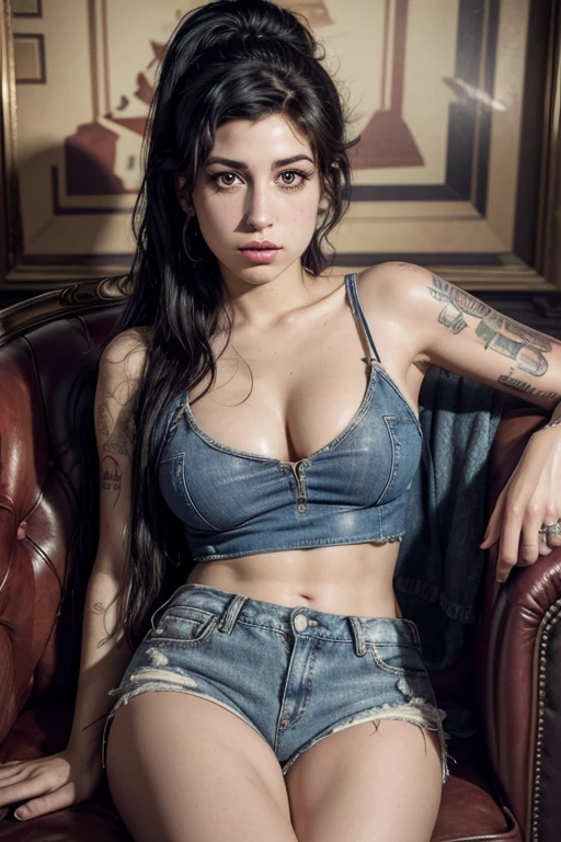 Surrealism painting, amy Winehouse, wearing a low-cut top, and ripped denim shorts sitting in a luxurious vintage armchair. Blues, and guitar playing blues.looking straight at the camera , face in high definition HD, 8k, sign above the lips at the corner of the mouth.