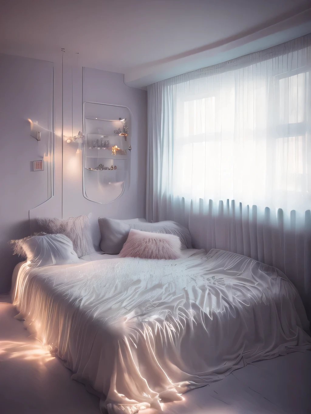 a dreamy white bedroom, foggy, soft focus, cool lighting, muted pastel colors, glowing atmosphere, dramatic shadows, cinematic composition, dream-like quality, ethereal, romantic, soft focus photography, blue hour, midnight, windy, white marble, whimsical, hazy, ethereal, gloomy, no people