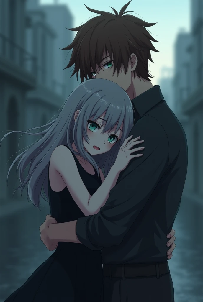18 year old anime girl with gray hair and blue eyes wearing a short black dress crying loudly in the arms of a 25 year old young man with brown hair, green eyes and sharp and serious features and the girl holding his shirt tightly and crying in a blurry background 
