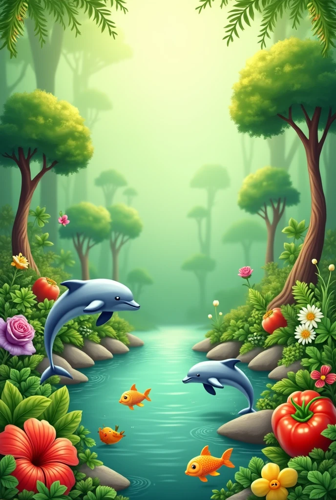Create a vibrant, nature-themed wallpaper filled with a variety of healthy elements and emojis. The background should be a soft, natural green gradient representing the freshness of nature. The wallpaper should include various plants like shamrock leaves, herbs, trees, and flowers (e.g., โ๏ธ๐๐ชด๐ด๐ต๐ณ๐พ๐ฑ๐ฟ๐๐น๐บ๐ชท๐ธ). Additionally, include animals that symbolize health and well-being, such as dolphins, birds, and fish (e.g., ๐ฌ๐๐ณ๐ฆญ๐ง๐ฆ๐ฆ๐ฆ๐ฆฉ๐ฆ๐ฆข๐ฆ๐). Finally, add a variety of healthy vegetables and fruits to emphasize the theme of wellness (e.g., ๐
๐ถ๏ธ๐ ๐ง
๐ฅ๐ซ๐ฝ๐๐ฐ๐ซ๐ฝ๐ฅฆ๐ฅ๐ฅฌ). Arrange these elements harmoniously across the wallpaper, ensuring the overall design is balanced, lively, and visually appealing."
