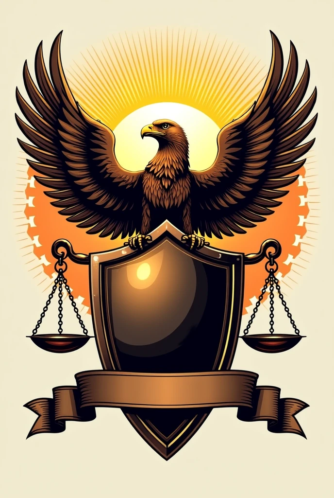 Sun in the back with shield  in the front with wing and scale of justice with eagle on top and a empty banner as a logo