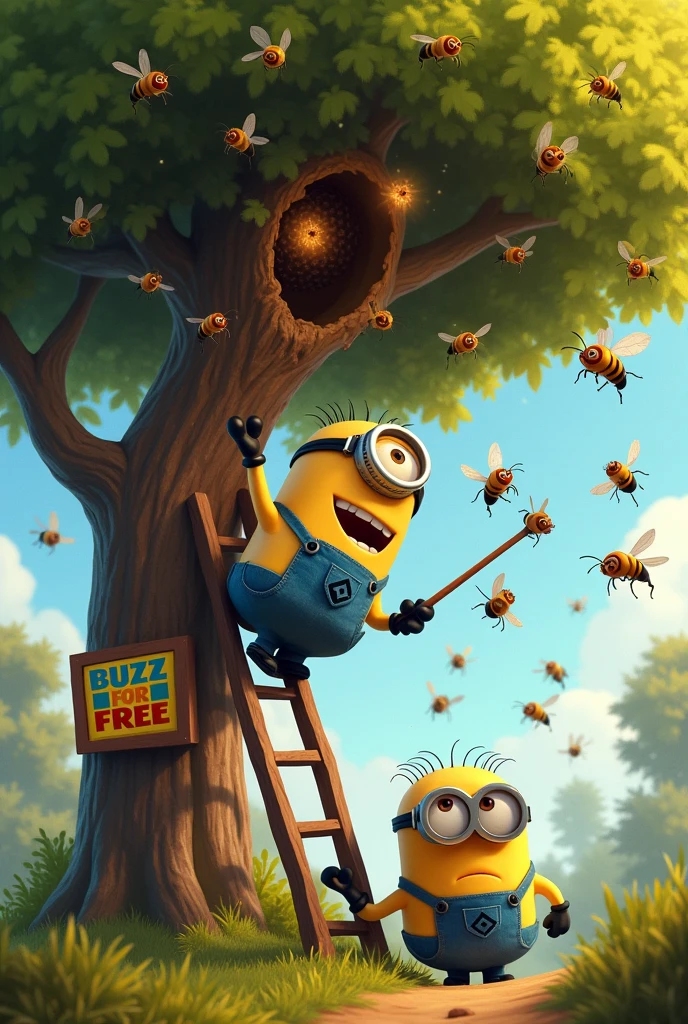 A Minion (Kevin) with a long stick in his hand is standing on a long ladder that is being held by Minion (Bob). He is hitting a very large hornet's nest with the stick, around which numerous hornets are buzzing. A large sign with the inscription "BUZZ FOR FREE" is hanging on the tree.