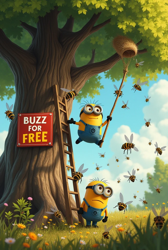 A Minion (Kevin) with a long stick in his hand is standing on a long ladder that is being held by Minion (Bob). He is hitting a very large hornet's nest with the stick, around which numerous hornets are buzzing. A large sign with the inscription "BUZZ FOR FREE" is hanging on the tree.

