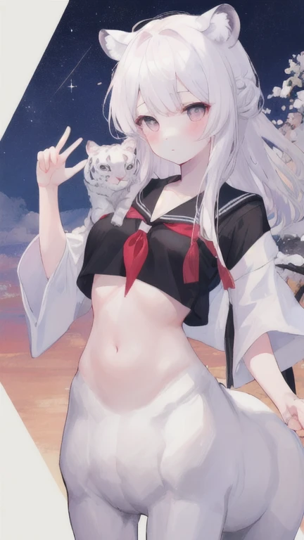 (best quality, masterpiece), 1 girl, centaur, I beg, White skin, Japanese schoolgirl,daughter,black pink, exposing the abdomen, belly button t-shirt , beautiful girl perfect, White tiger photo, 완벽한 White tiger photo
