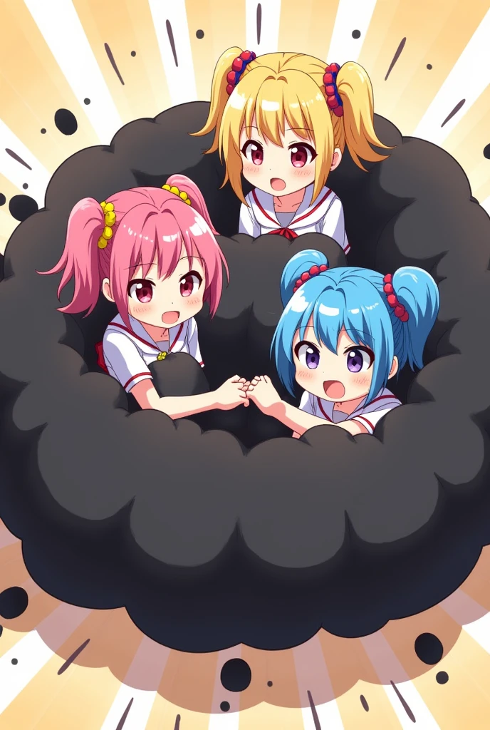 An anime-style illustration depicting three twin-tailed girls playfully wrestling with each other inside a black comical fight cloud.
each girl has different colored hair: one with blonde twin tailes,another with pink twin tailes,and one with blue twin tailes.
their faces,hands,and feet are visible emerging from the cloud as they tussle humorously, with the rest of their bodies completely hidden inside the cloud.
the illustration emphasizes the humorous and energetic nature of their scuffle,with a fluffy andexaggerated fight cloud.
