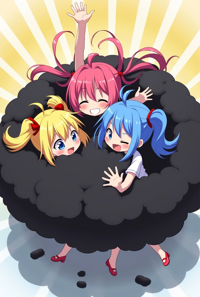 An anime-style illustration depicting three twin-tailed girls playfully wrestling with each other inside a black comical fight cloud.
each girl has different colored hair: one with blonde twin tailes,another with pink twin tailes,and one with blue twin tailes.
their faces,hands,and feet are visible emerging from the cloud as they tussle humorously, with the rest of their bodies completely hidden inside the cloud.
the illustration emphasizes the humorous and energetic nature of their scuffle,with a fluffy andexaggerated fight cloud.