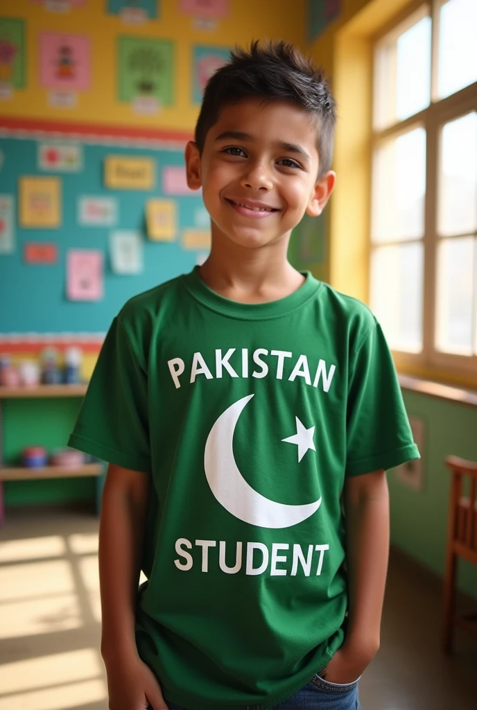 A boy with a picture of Pakistan flag on his shirt and Pakistan student written in green color behind it.