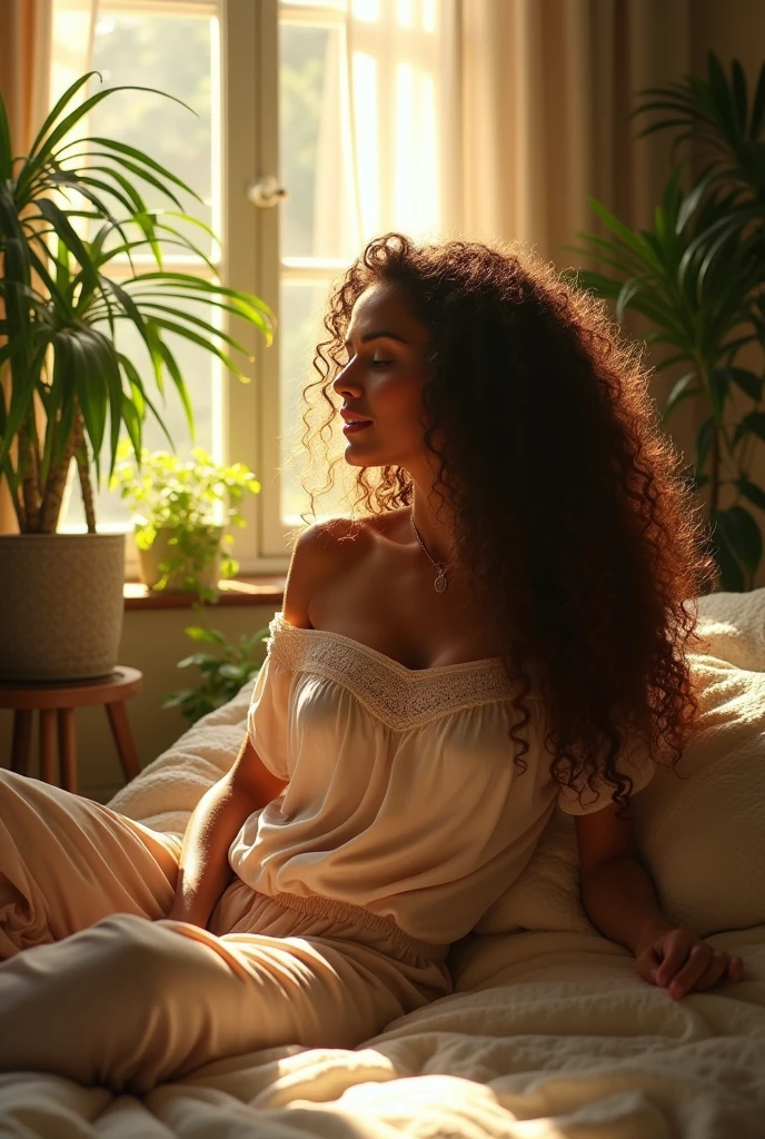 (photorealism:1.2), beautiful woman, sitting on bed, wearing loose off-shoulder top, pajama pants, long curly hair, indoors, soft lighting, plants in background, window with sunlight, cozy room, relaxed pose, realistic, intricate details, warm colors, by Greg Rutkowski, by Alphonse Mucha
