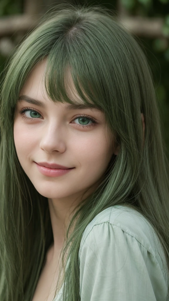 a girl. European. Extremely detailed face. Oval face. Delicate facial features. Half-closed eyes. Long straight hair. Messy hair. Bangs. Green hair. Green eyes. Lustful expression. smiled slightly