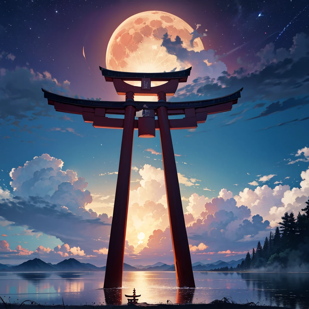 japanese torii gate, surreal, fantasy world, universe, moon, lake, dark night , clouds, dreamy, mysterious, ultra HD, high quality, 32k, simple plain background, 8k, hd, unreal engine, dreamy, romantic,  mysterious, ,