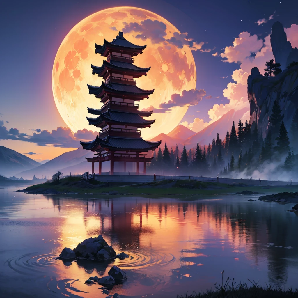 japanese torii gate, surreal, fantasy world, universe, moon, lake, dark night , clouds, dreamy, mysterious, ultra HD, high quality, 32k, simple plain background, 8k, hd, unreal engine, dreamy, romantic,  mysterious, ,