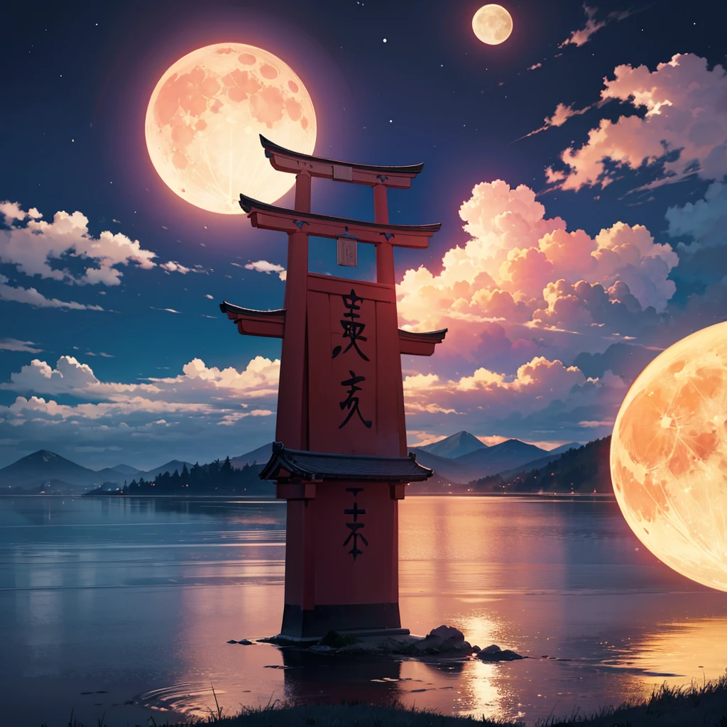 japanese torii gate, surreal, fantasy world, universe, moon, lake, dark night , clouds, dreamy, mysterious, ultra HD, high quality, 32k, simple plain background, 8k, hd, unreal engine, dreamy, romantic, mysterious, ,