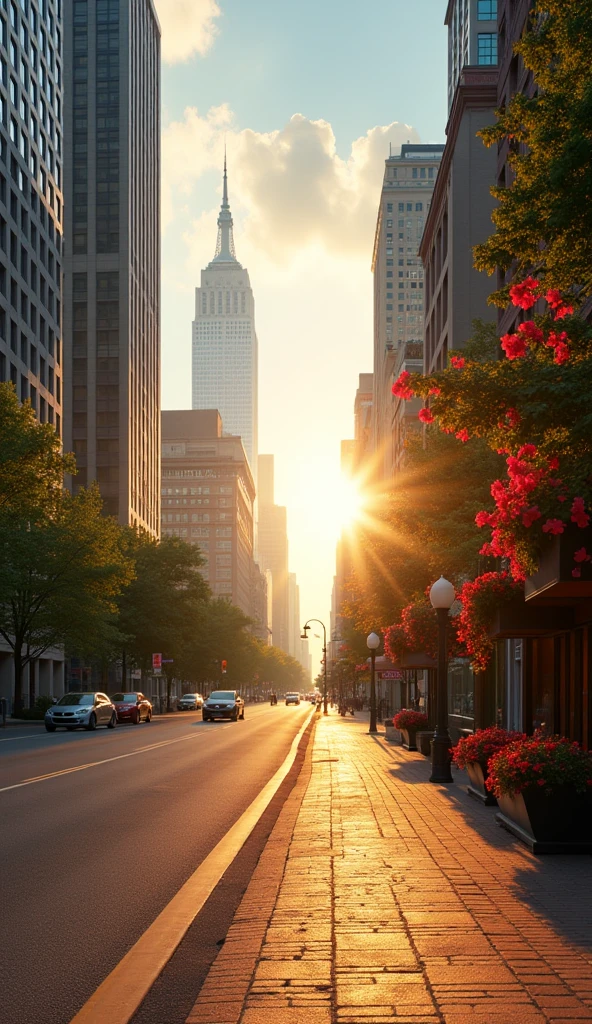 Image In the city in the morning in the middle of the road tall buildings . View from the right the highlight is the road Reduces the light to a gentle warm morning scene 