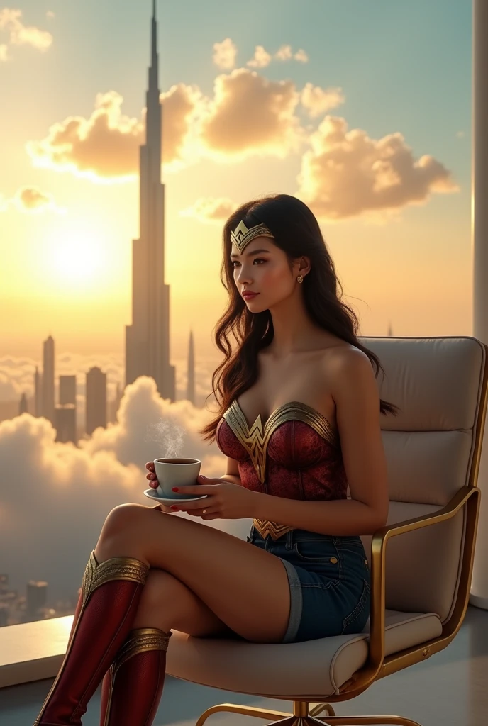 uhd, realistic, wonder woman with korean beauty like tae yon with her face clearly visible, left hand holding a cup of coffee with smoke arose from coffee and sitting on chair on middle of rooftop Skyscraper building, with cloud background is the Burj khalifa, Dubai,morning sky, bright sun. use the RenderMan renderer.digital art. High definition, high contrast, high color saturation, 3d,128k,cinematic lighting, intricate,cinematic lens, advertising photograph,ultra detail. Wallpaper size.
