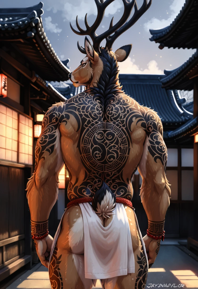 back view, best quality,  full body portrait, wide shot, 

solo, furry anthro stag male, deer, stag horns, Yakuza style, detailed fur texture, (realistic face and eyes), dressed, clothed, lowered cloth, lowered haori, haori, intricate tattoos, (yakuza symbol, yakuza demon tattoos, yakuza tattoos:1.2), (sharp claws), piercing gaze, dark background, masterpiece, from back, The back is tattooed, the back is visibleб 

[by Alex Timmermans:by jaynaylor:0.25],
detailed background, detailed foreground, depth of field, ambient silhouette, backlighting,


