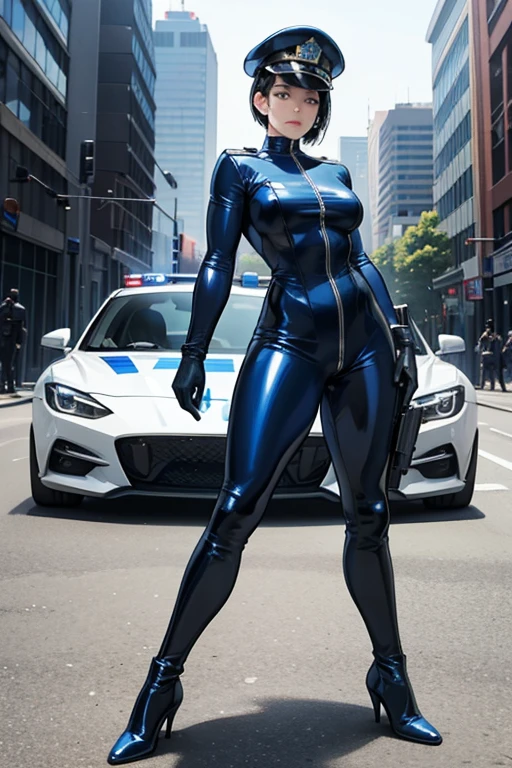 A muscular mature woman with short black hair and wearing a blue patent leather catsuit, white gloves, white boots and a police cap, standing at the scene of a crime, holding a submachine gun　Police car