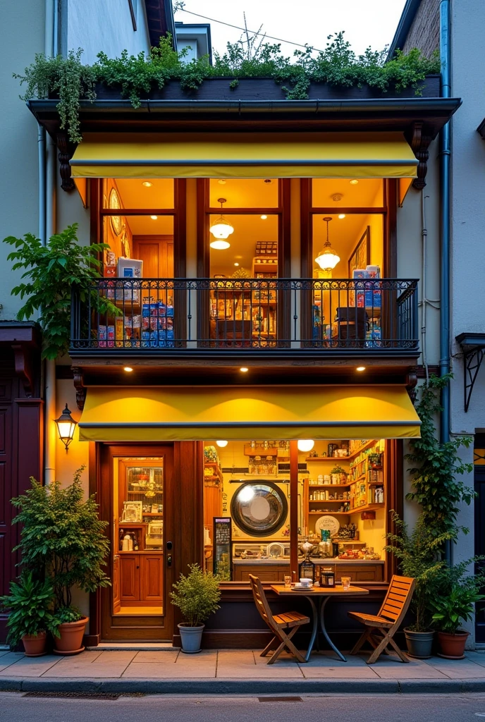 A single building with two pieces, the first piece is a laundry shop, the second piece is a cafe.