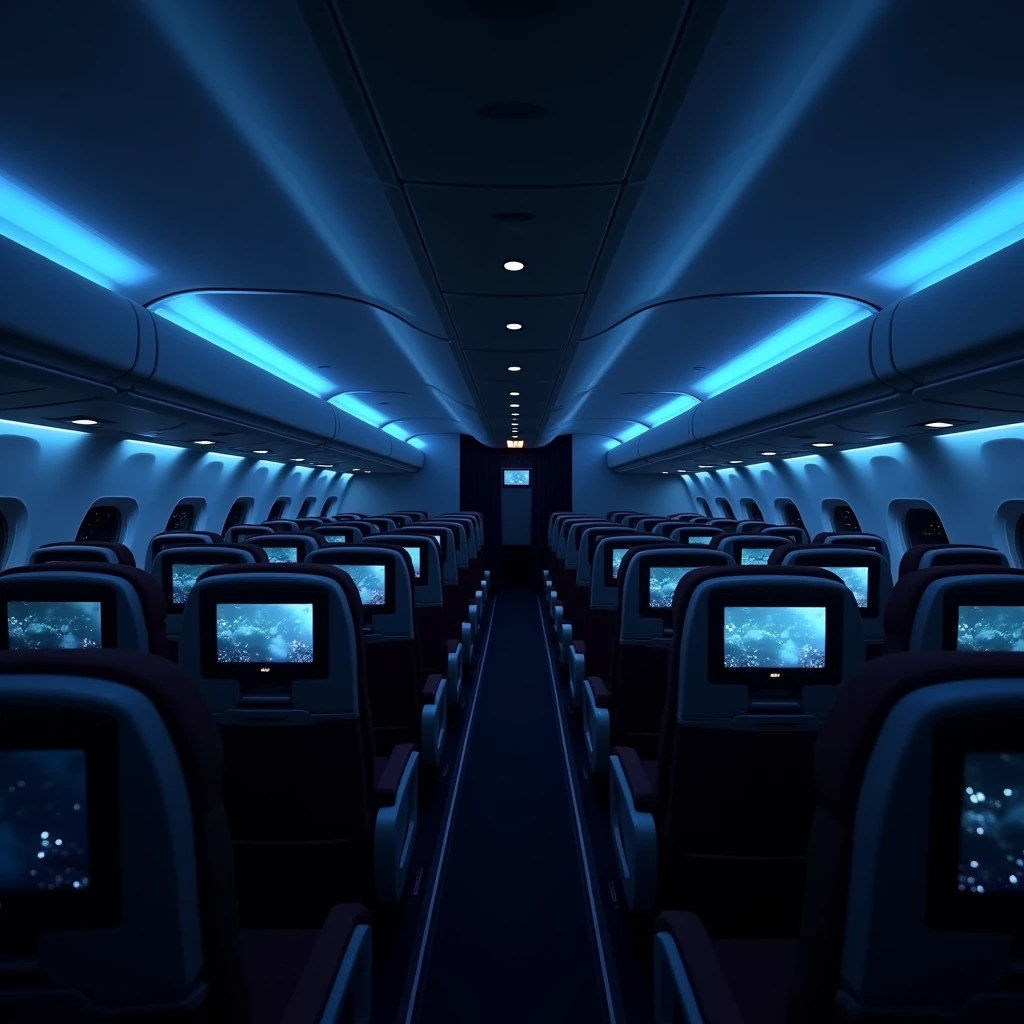 In the cockpit of the aircraft,You can see a lot of airplane seats,The seats have screens on the headrests,Real Effects,No passengers,Can see out the window and back of the seat,Night effect,Only one row of seats can be seen。Camera rotates 45 degrees VR effect