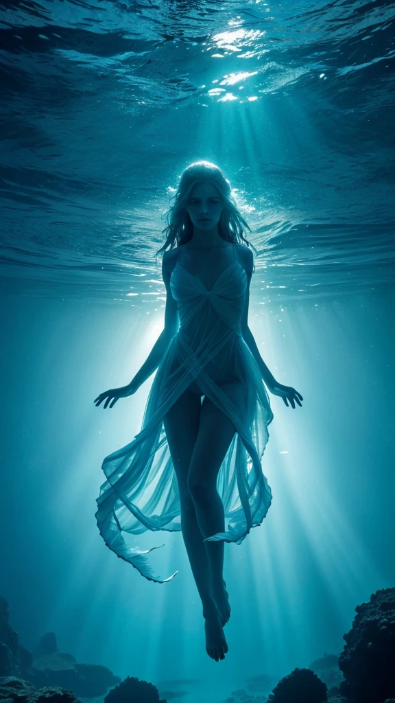 “Create a depiction of marine spirits inspired by biblical themes. The spirits are ethereal and ghostly, emerging from the depths of the sea. They have a humanoid shape with flowing, aquatic features like fins, scales, and tentacles. Their eyes glow with a deep, haunting blue light, and their bodies are semi-transparent, blending with the water around them. The scene is set in an underwater landscape with ancient ruins, dark waters, and faint beams of light piercing through the surface above.”