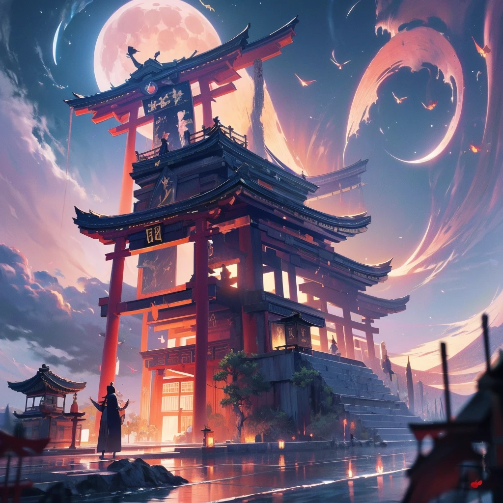 japanese torii gate, surreal, fantasy world, universe, moon, lake, dark night , clouds, dreamy, mysterious, ultra HD, high quality, 32k, simple plain background, 8k, hd, unreal engine, dreamy, romantic,  mysterious, ,