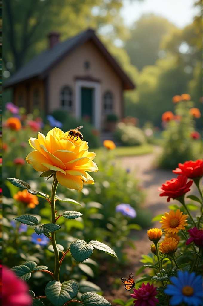 Colourful green and yellow place home.frond af home colourful flowers..one middle long yellow rose one bee in sitting rose