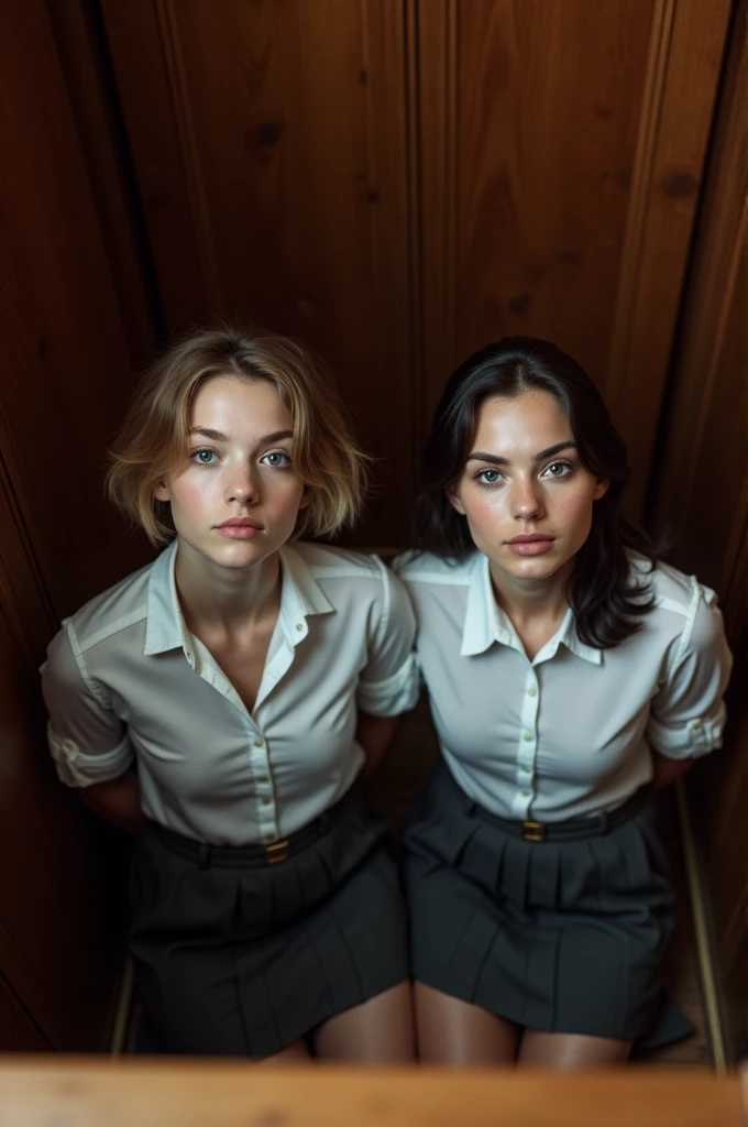 Realistic photo from above of two slim pretty 16-year-old Caucasian women. One has short light-brown hair. The other has short dark hair. They are wearing tight white shirts. They are not wearing a bra. They are wearing dark-grey ties. They are wearing dark-grey pleated skirts. They are kneeling in a church confessional booth They are looking up to the viewer. They both have both hands behind their backs. Their mouths are slightly open. They are lit by the camera flash. 