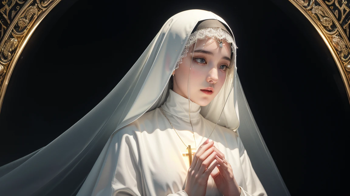 Nun with white veil, Holographic style, religious art reinvented, ultra-detailed illustrations, glossy reflections, Realistic and ultra-detailed rendering, gold glow,ethereal,pious,Pray,Fundo HolyLight