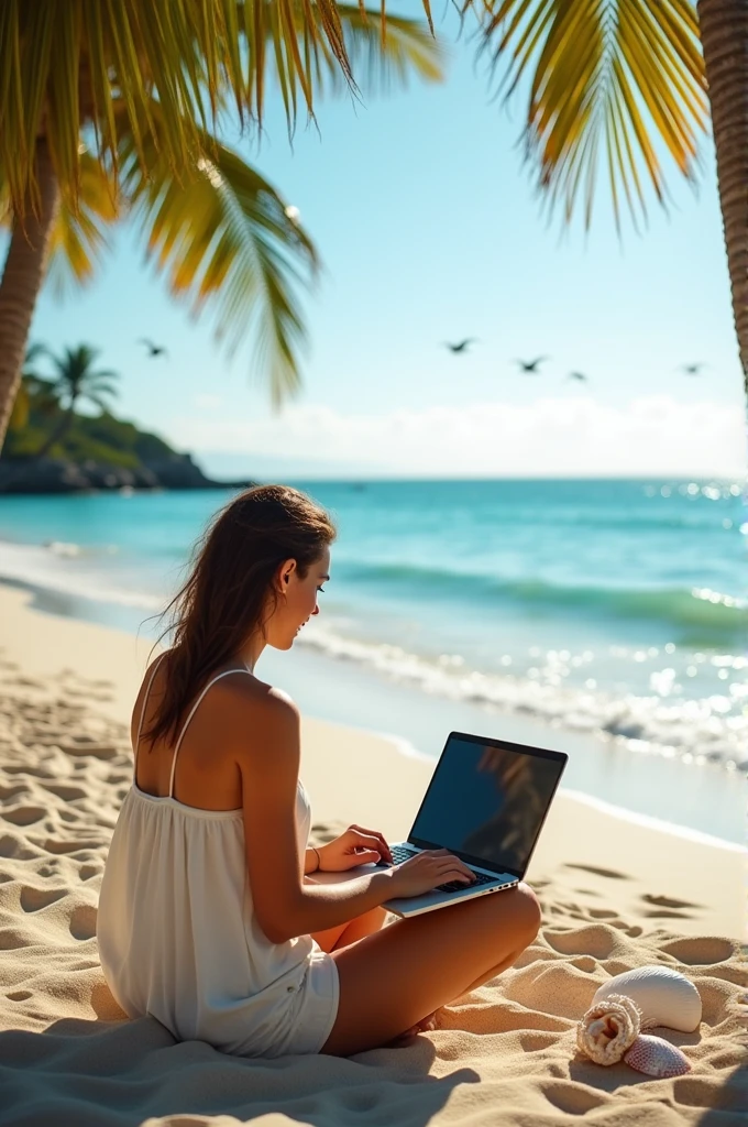 A person working on a laptop in a quiet place (playa)