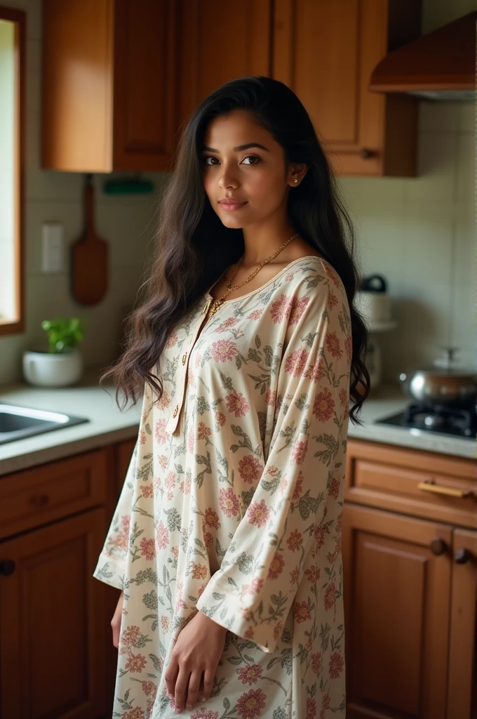 Hijab Indian curvy young female white fair skintone wearing sleepwear kurtis and hijab scarf in kerala kitchen Realistic image. body figure looks like actress nithya menon.big breast. No carpet. No indoor plants. Front view