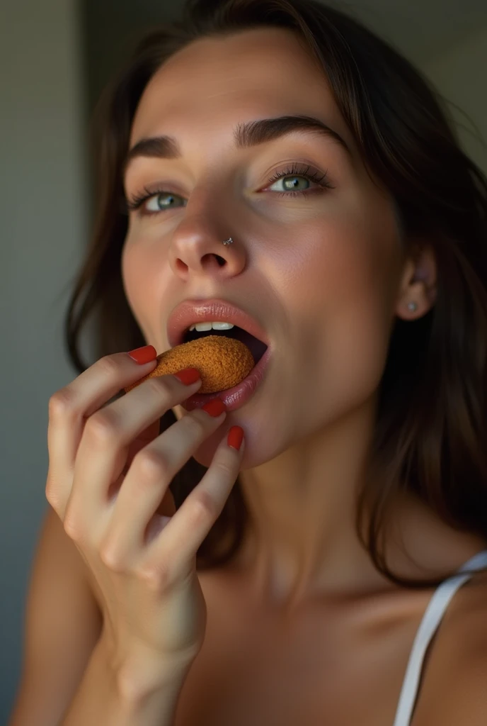 A woman holding dick all filled with cum in her mouth with lustful feeling