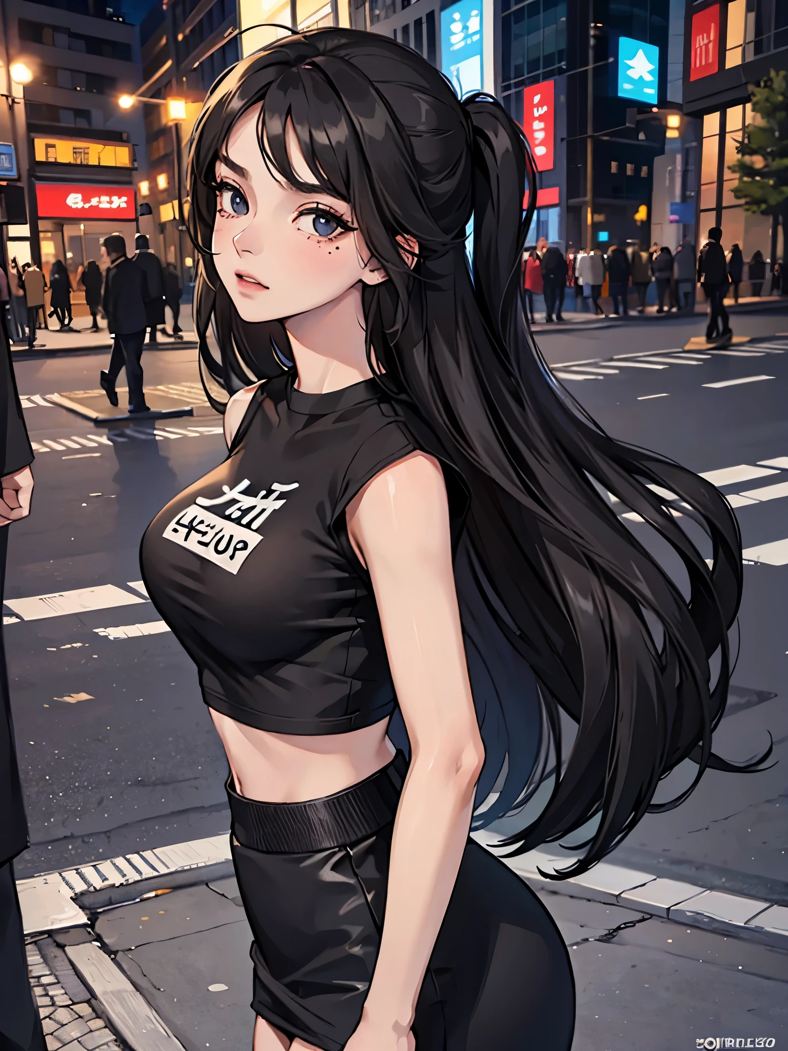 (1woman,solo),cowboy shot,18 year old beauty、black hair,long hair,blunt bangs,black eyes,Detailed beautiful eyes,shy look、smile for the audience,((smaller head:1.3、skinny,medium breasts)),(((Black T-shirt、short skirt,gleaming skin,shiny skin)))、On a date、bustling street、sunny,