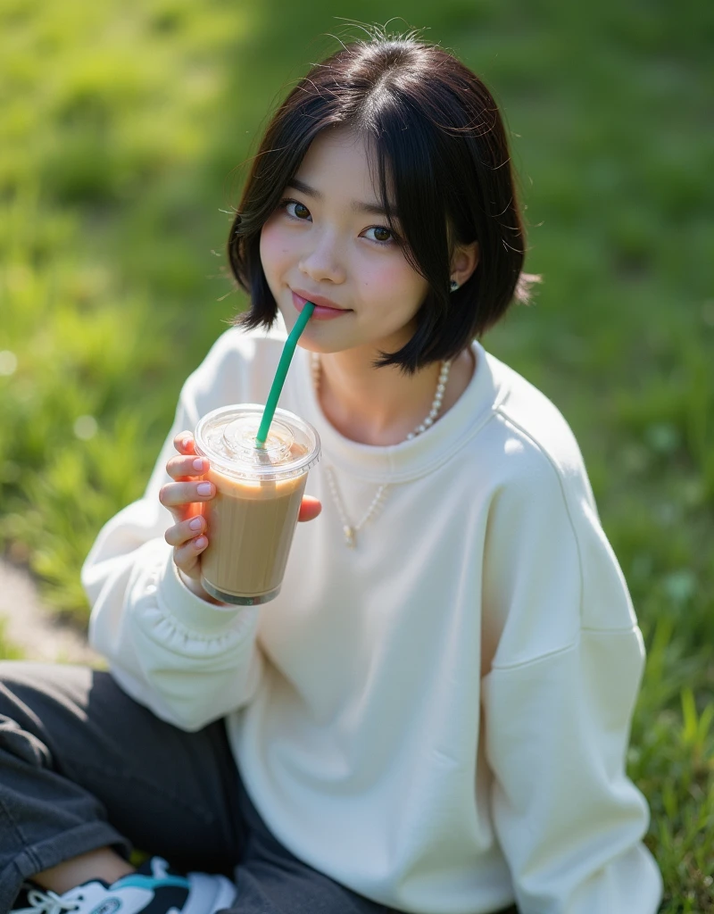(RAW photo, best quality, masterpiece: 1.2), (photorealistic: 2), (Polish girl, 20 years old, black hair, Light grey eyes, short bob cut, hair in 7 thirds, hair over one ear, Symmetrical eyes, solo, Detailed Skin:1.1), Wearing a white oversized sweatshirt, dark grey pants, light blue and white Nike Jordans, a small pearl necklace, sitting Indian style on the grass, drinking a Starbucks latte from a clear cup with a green straw, angled slightly above, sunny, gel nails, smiling
