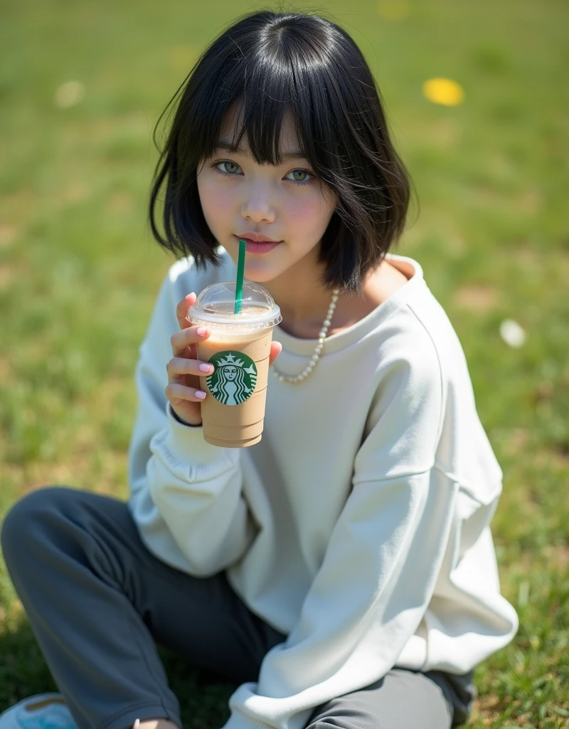 (RAW photo, best quality, masterpiece: 1.2), (photorealistic: 2), (Polish girl, 20 years old, black hair, Light grey eyes, short bob cut, hair in 7 thirds, hair over one ear, Symmetrical eyes, solo, Detailed Skin:1.1), Wearing a white oversized sweatshirt, dark grey pants, light blue and white Nike Jordans, a small pearl necklace, sitting Indian style on the grass, drinking a Starbucks latte from a clear cup with a green straw, angled slightly above, sunny, gel nails, smiling