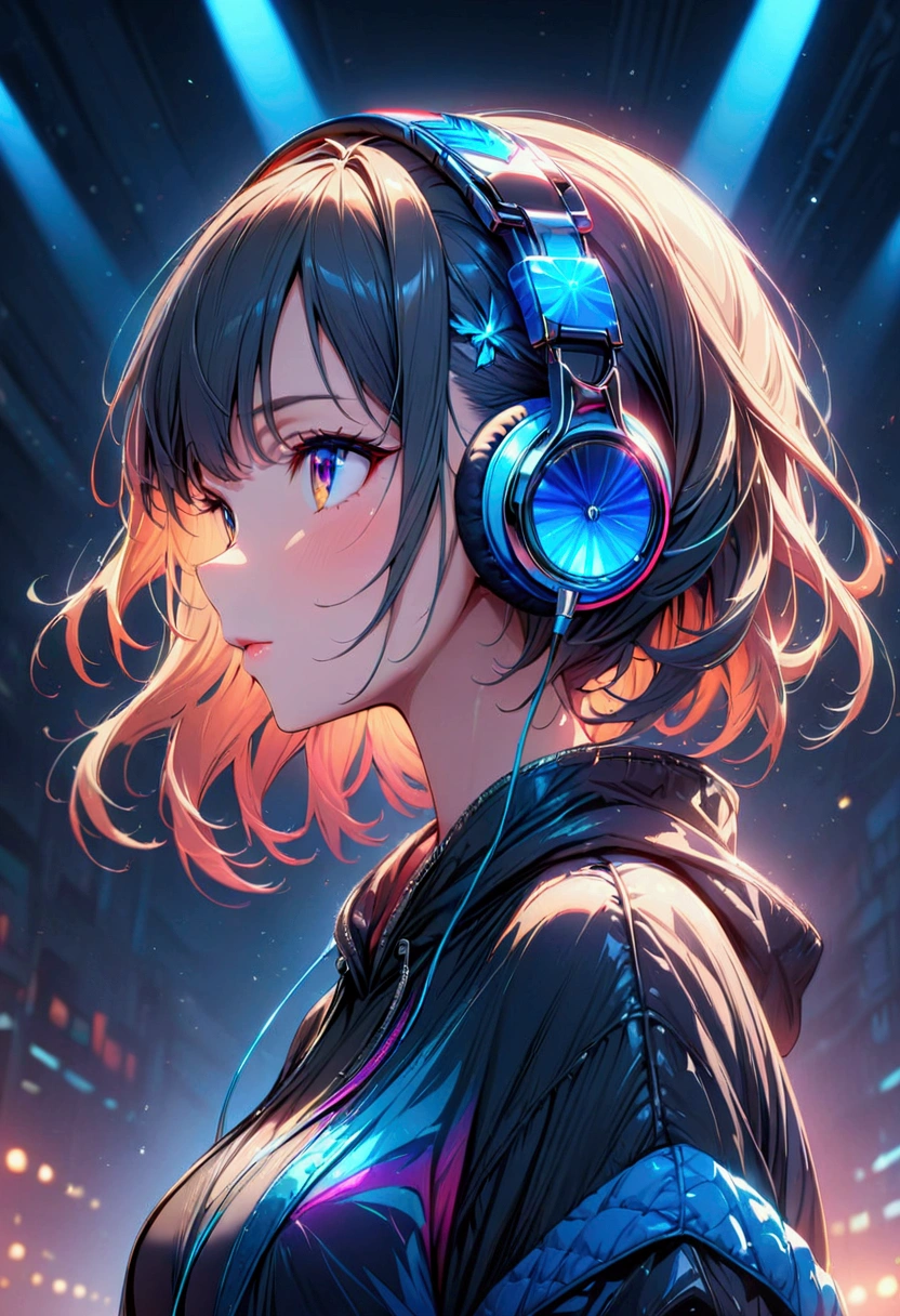 beautiful girl,headphone, Cinema Lighting, (masterpiece:1.2), 最high quality, high quality, High resolution, (Super detailed), Detailed Background, One person,