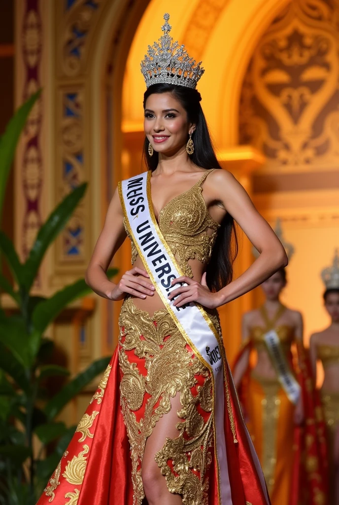 Miss Universe Thailand, beautiful in Thai style, wearing a national costume that is a symbol of Thailand, standing on stage with a sash.