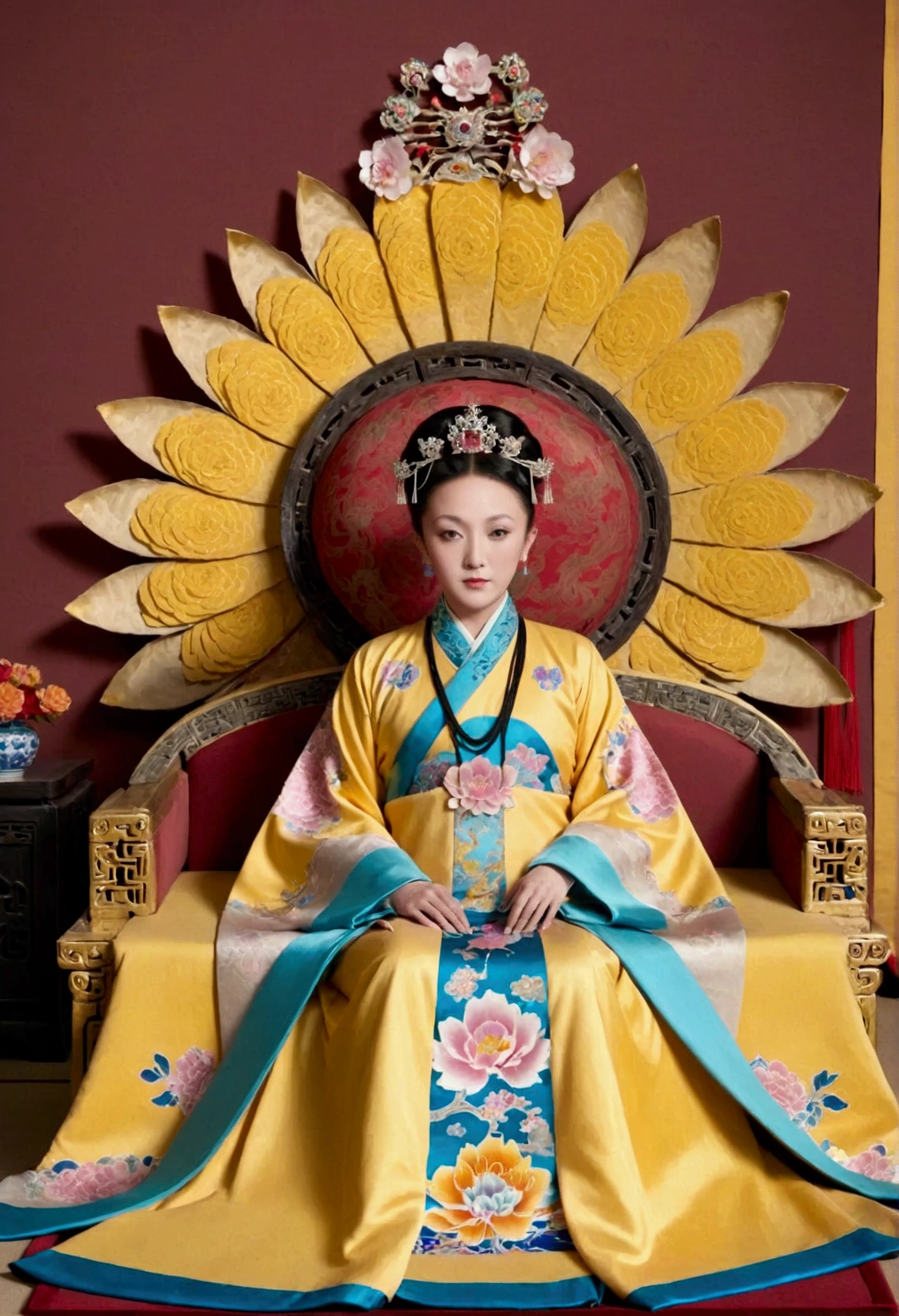 From the pre-Qing period, The Empress sits naked on a large golden sofa in the palace, Her legs were spread, At the Chinese court during the Qing Dynasty, Empress of the Qing Dynasty, Wearing the great crown of the Chinese Empress, Belly and thighs visible from below.。She is completely naked, Showing off gorgeous large flowers and hairpins, She tied her hair up and pulled it up, 背景はEmpress of the Qing Dynastyの豪華な宮殿.