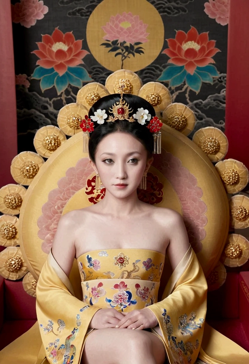 From the pre-Qing period, The Empress sits naked on a large golden sofa in the palace, Her legs were spread, At the Chinese court during the Qing Dynasty, Empress of the Qing Dynasty, Wearing the great crown of the Chinese Empress, Belly and thighs visible from below.。She is completely naked, Showing off gorgeous large flowers and hairpins, She tied her hair up and pulled it up, 背景はEmpress of the Qing Dynastyの豪華な宮殿.