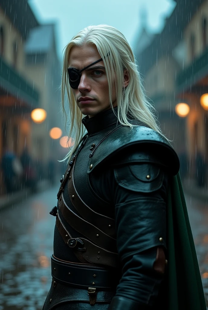 A handsome Aesthetic 18 years old Targaryen man with left eye covered with pirates eye bag,long straight platinum blonde hair,his face is long and sharp .he's wearing a rough Dark greenish silky Prince outfit with black armour suit,a dark rainy background .