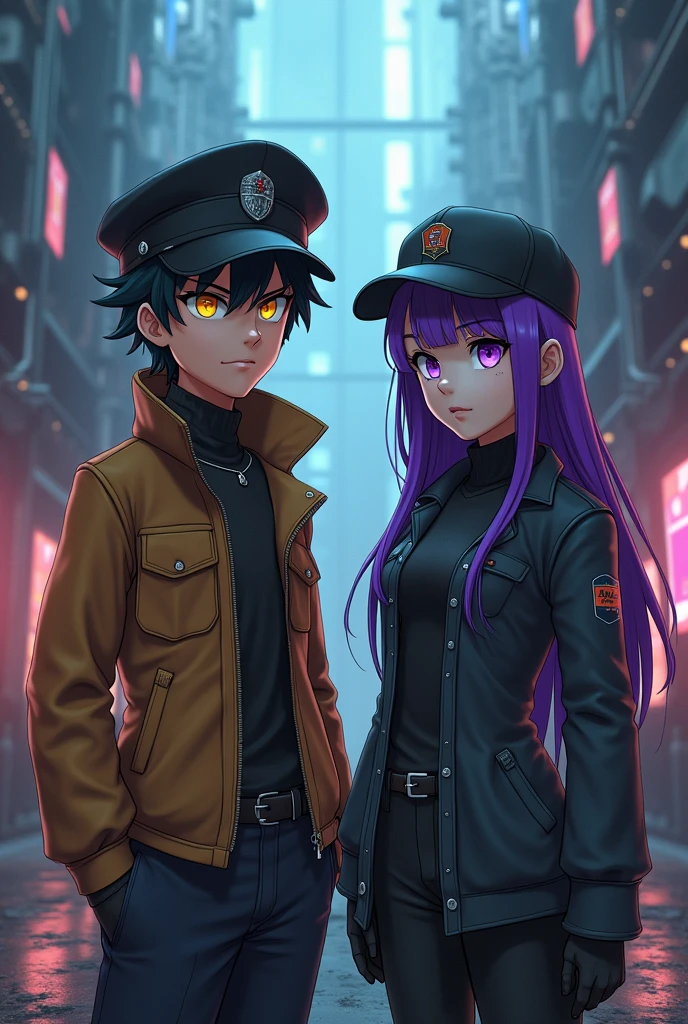 Screenshot from Murder Drones TV series N and Uzi together V cried Male robot white hair pilot cap yellow eyes screen and female robot with purple hair black cap violet eyes Serial designation N and Uzi