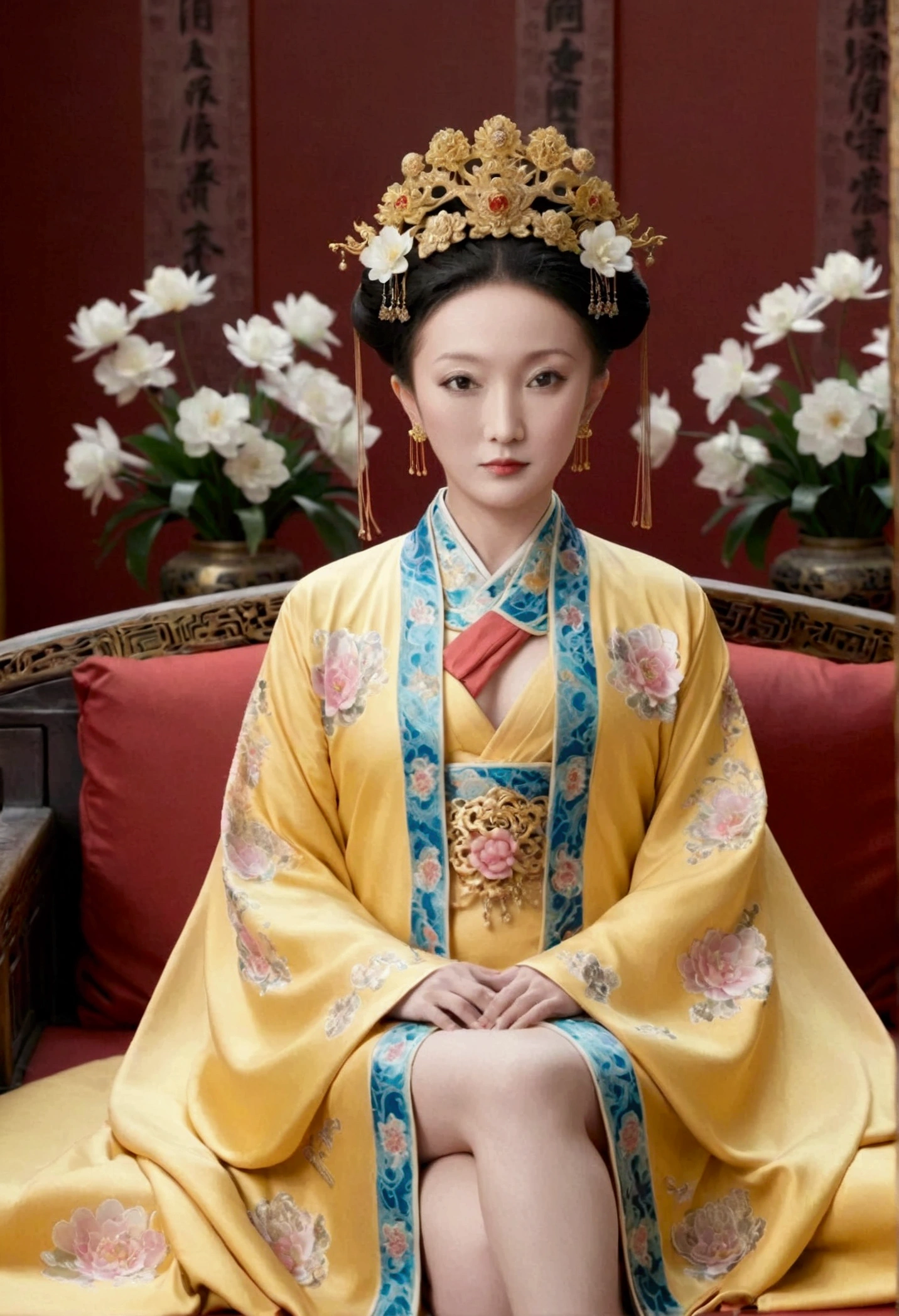 From the pre-Qing period, The Empress sits naked on a large golden sofa in the palace, Her legs were spread, At the Chinese court during the Qing Dynasty, Empress of the Qing Dynasty, Wearing the great crown of the Chinese Empress, Belly and thighs visible from below.。She is completely naked, Showing off gorgeous large flowers and hairpins, She tied her hair up and pulled it up, 背景はEmpress of the Qing Dynastyの豪華な宮殿.