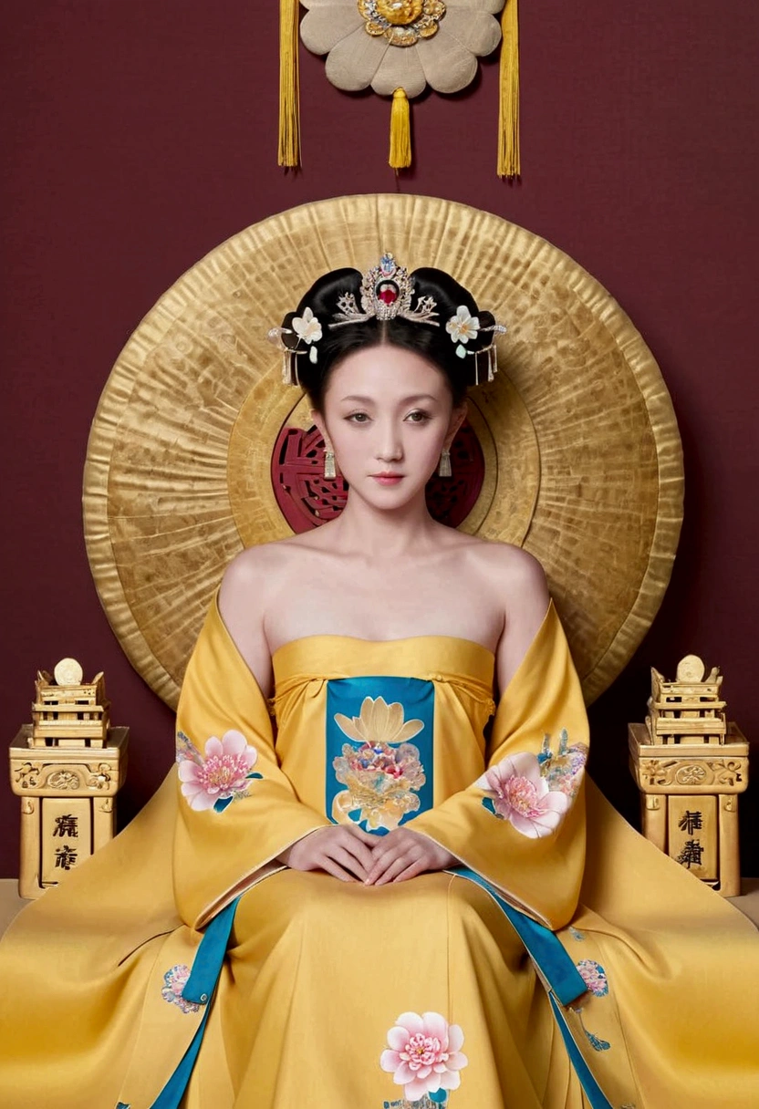 From the pre-Qing period, The Empress sits naked on a large golden sofa in the palace,  Her legs were spread, At the Chinese court during the Qing Dynasty, Empress of the Qing Dynasty, Wearing the great crown of the Chinese Empress, Belly and thighs visible from below.。She is completely naked, Showing off gorgeous large flowers and hairpins, She tied her hair up and pulled it up, 背景はEmpress of the Qing Dynastyの豪華な宮殿.