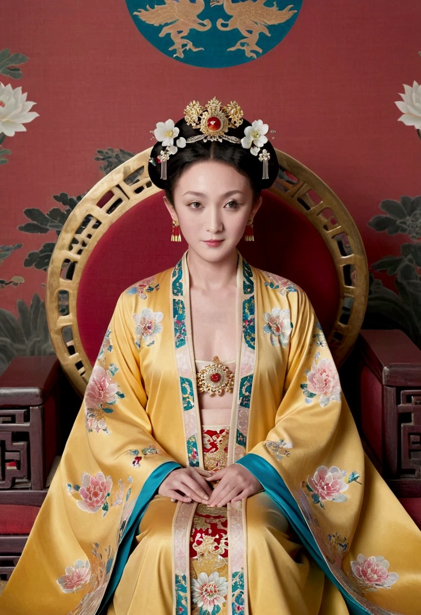 From the pre-Qing period, The Empress sits naked on a large golden sofa in the palace,  Her legs were spread, At the Chinese court during the Qing Dynasty, Empress of the Qing Dynasty, Wearing the great crown of the Chinese Empress, Belly and thighs visible from below.。She is completely naked, Showing off gorgeous large flowers and hairpins, She tied her hair up and pulled it up, 背景はEmpress of the Qing Dynastyの豪華な宮殿.