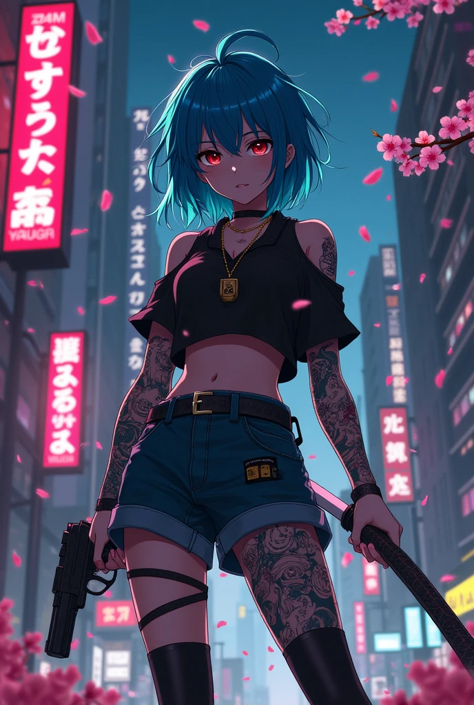Tomboy anime girl yakuza leader with katana and gun