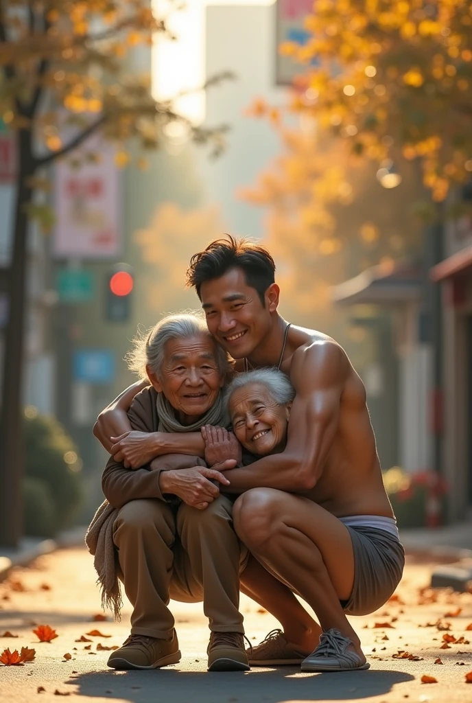 Handsome Korean guy with six-pack abs poses in underwear, hugs homeless old people
