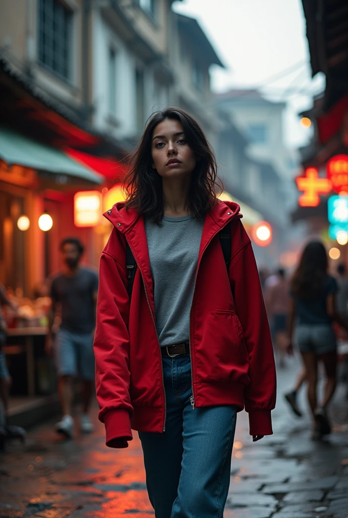 a 20-year-old woman dressed in a red hoodie and a gray T-shirt with a pocket, walking through the heart of Bangkok. Zombies are seen repairing themselves inside a building."