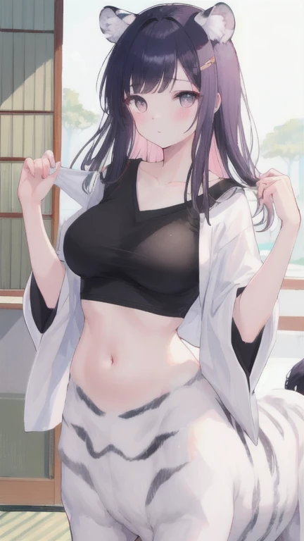 (best quality, masterpiece), 1 girl, centaur, I beg, White skin, Japanese schoolgirl,daughter,black pink, exposing the abdomen, belly button t-shirt , beautiful girl perfect, White tiger photo, 완벽한 White tiger photo