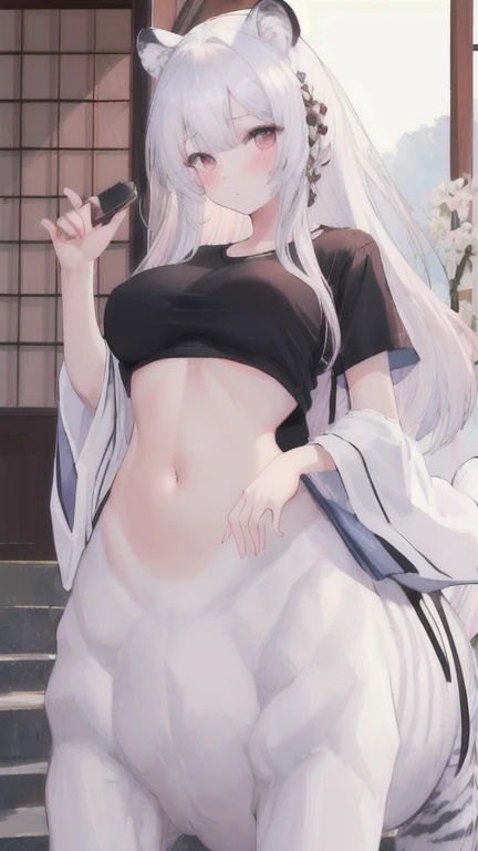 (best quality, masterpiece), 1 girl, centaur, I beg, White skin, Japanese schoolgirl,daughter,black pink, exposing the abdomen, belly button t-shirt , beautiful girl perfect, White tiger photo, 완벽한 White tiger photo