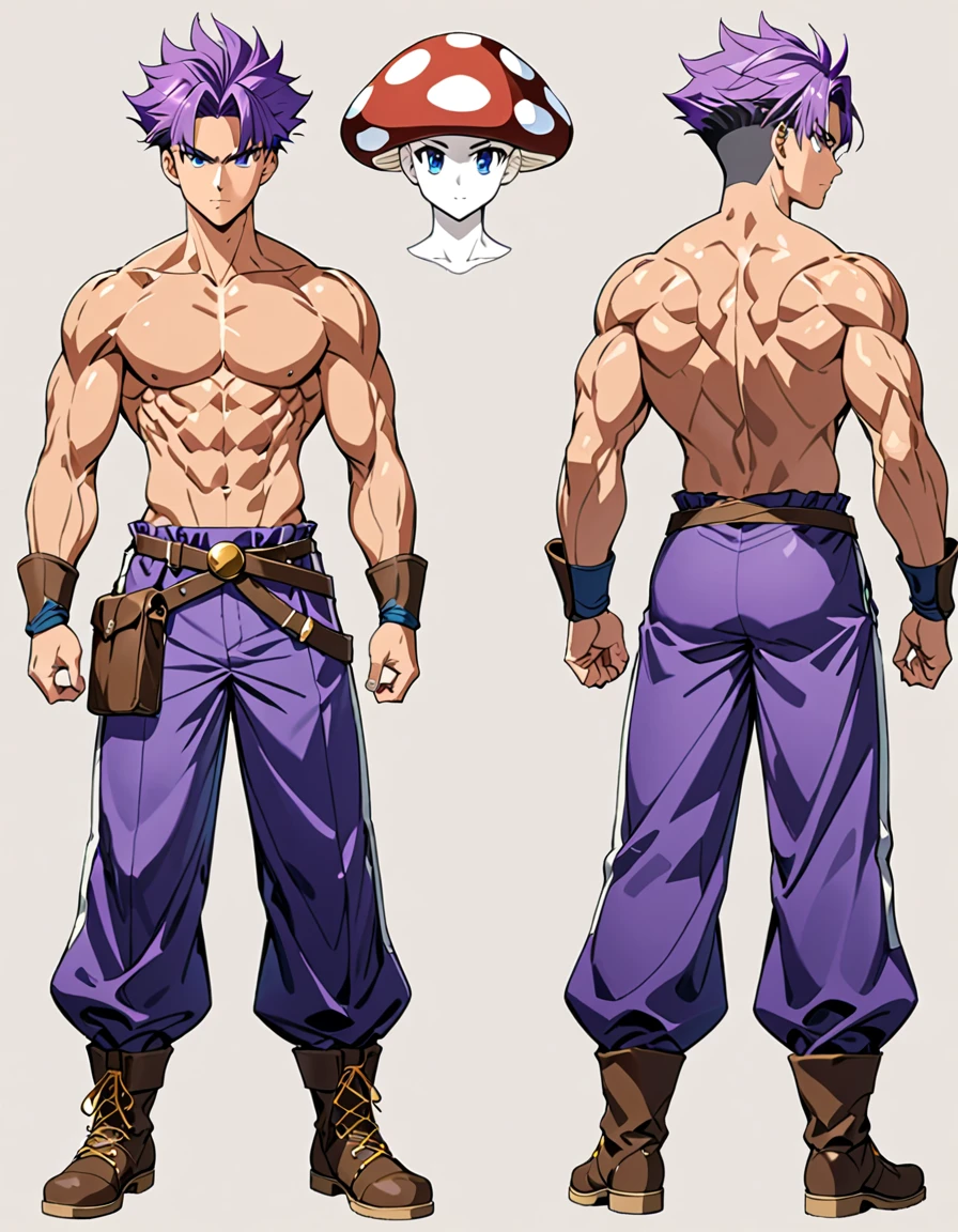 (masterpiece), (best quality), (high res), trunks, male, tall body, beautiful detailed eyes, beautiful detailed face, serious, perfect hands, complete fingers, perfect anatomy, perfect proportions, ((purple hair, short hair, mushroom hair style )), ((blue eyes)), (( trunks outfit)), muscles, looking at viewer, (solo, solo focus), standing,, sword on the back, full body costume design. Simple background, Multiple Views, Character Sheet Full-Length.