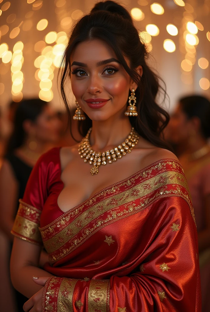 Full body image length including feet and sandals, full length photograph, 32 years old busty female, sexy luxury gorgeous saree and blouse with purse, party mood, big cheeks, super stylish dress with firm 36C cup breasts, accessories, earrings, necklace, erotic face, ponytail, look at viewer and smile, super realistic, looking straight at the camera, full length from head to feet photos, intricate details, (ArtStation:1.2)