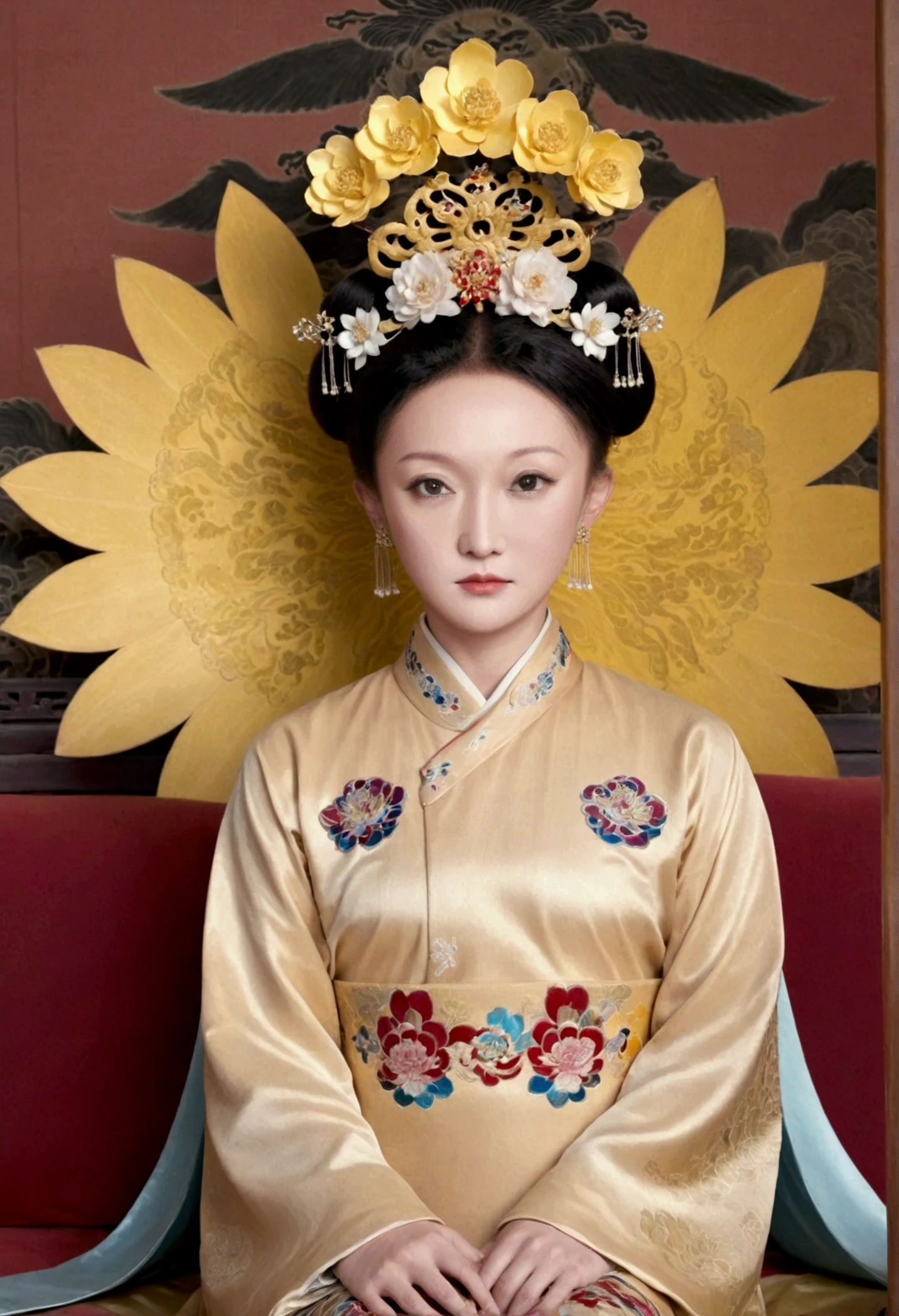 From the pre-Qing period, The Empress sits naked on a large golden sofa in the palace, Her legs were spread, At the Chinese court during the Qing Dynasty, Empress of the Qing Dynasty, Wearing the great crown of the Chinese Empress, Belly and thighs visible from below.。She is completely naked, Showing off gorgeous large flowers and hairpins, She tied her hair up and pulled it up, 背景はEmpress of the Qing Dynastyの豪華な宮殿.